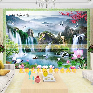 农村院墙外墙风景画富水长流瓷砖山水画电视背景墙带荷花仙鹤图案