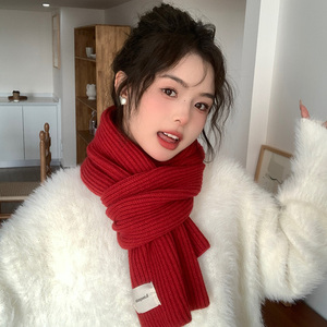 新年红色围巾女冬季2023新款韩版高级感圣诞节保暖加厚毛线围脖潮