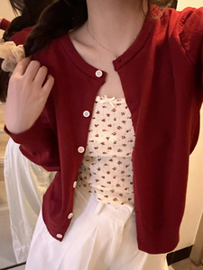 kumikumi慵懒风红色长袖针织开衫外套女2024春季宽松显瘦短款上衣
