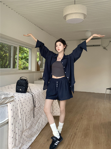 kumikumi休闲套装女宽松防晒衫薄款衬衫夏季高腰短裤阔腿裤两件套