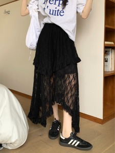 kumikumi纯色不规则蕾丝木纹边半身裙女装夏季高腰大摆A字裙长裙