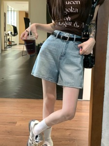 kumikumi美式复古圆点印花水洗做旧牛仔裤女装夏季高腰直筒裤短裤