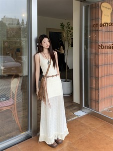 kumikumi时尚套装女流苏叠穿背心连衣裙夏季修身吊带连衣裙两件套