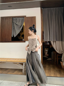 kumikumi新中式套装女国风提花吊带背心夏季撞色拼接半身裙两件套