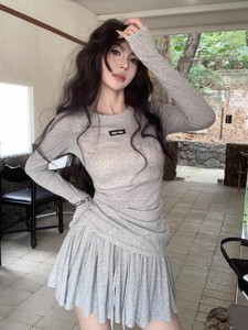 kumikumi休闲套装薄款长袖防晒T恤女装夏季高腰A字裙半身裙两件套
