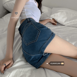 kumikumi卷边弹力牛仔裤短裤女夏季高腰显瘦直筒裤热裤小个子裤子