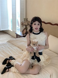 kumikumi甜美风套装女波点雪纺小背心夏季蝴蝶结蛋糕半身裙两件套