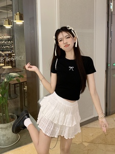 kumikumi甜辣风套装黑色蝴蝶结T恤女装夏季高腰蛋糕裙短裙两件套
