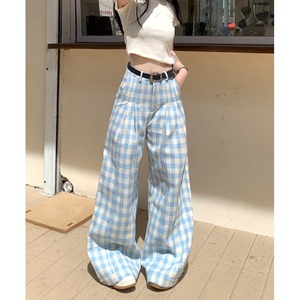 kumikumi设计感蓝色格子直筒裤女春夏高腰宽松休闲裤阔腿裤拖地裤
