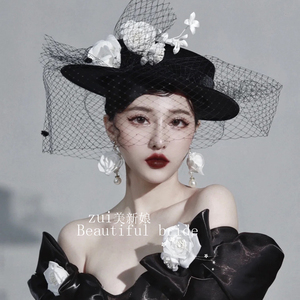 赫本风黑色平顶帽网纱花朵法式复古小礼帽新娘摄影跟妆名媛英伦帽