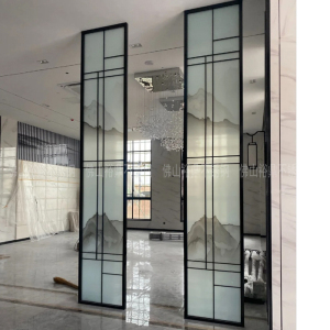 艺术水波纹钢化玻璃隔断售楼部大堂半透山水画夹娟背景墙装饰屏风