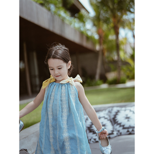 史豌豆童装女童夏装2024新款儿童蓝色刺绣吊带裙小女孩洋气连衣裙