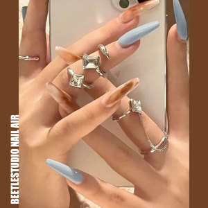 超长摩卡棕琥珀晕染雾霾蓝穿戴式指甲贴片美甲成品长款欧美假指甲