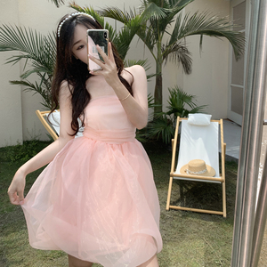 可爱少女收腰遮肉显瘦小个子超短连衣裙欧根纱蓬蓬抹胸裙2022夏季