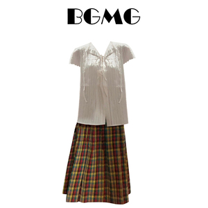 法式白色衬衫薄款宽松上衣彩虹色格子半身裙学院风高腰中长款套装