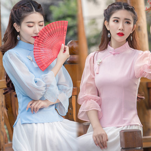 改良旗袍中国风灯笼袖上衣民国风情气质优雅复古唐装秋款茶艺服女