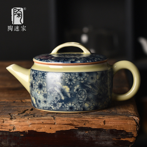 陶迷老陶泥茶壶青花壶家用陶瓷汉瓦壶古汝中式泡茶具可养办公简约