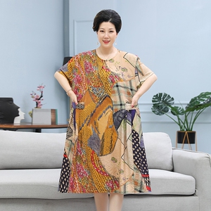 240斤大码老年女装印花宽松长裙胖妈妈夏装连衣裙天丝棉加肥加大