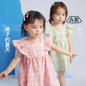 童贝童装2024年夏季新款儿童裙子韩版甜美女童格子连衣裙镂空无袖