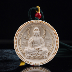 保真猛犸象牙雕刻观音菩萨吊坠文玩项链圆牌子项坠保平安首饰