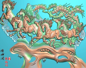 八骏马小浮雕画精雕图jdp灰度图电脑cnc雕刻图3d模型stl小金妹xiao