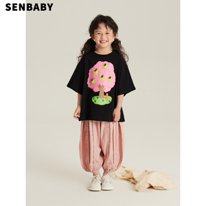 senbaby童装女童夏装T恤上衣儿童苹果树立体短袖中大童宽松休闲T