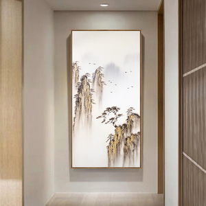 玄关油画新中式入户装饰画进门过道走廊竖挂画手绘山水丙烯画定制