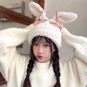 可爱羊羔兔子耳朵帽子女秋冬季保暖针织套头帽百搭白色毛绒月子帽