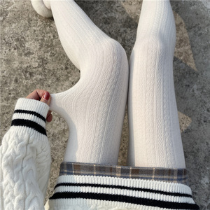 针织连裤袜女秋冬季加绒加厚保暖防勾丝竖条麻花纯欲白色打底裤袜