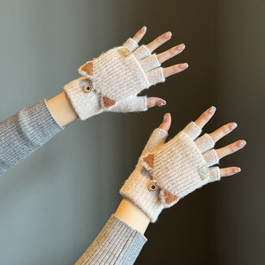 半指手套女冬季加厚保暖秋冬天学生加绒骑行毛线可爱甜美韩版手套