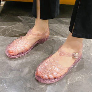 塑料水晶果冻鞋2024夏季新款平底镂空凉拖鞋女士透明包头软底凉鞋