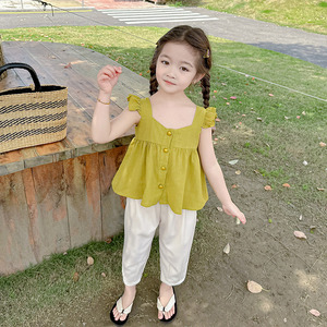 女童夏装韩系小飞袖套装2024新款洋气时髦儿童夏季吊带休闲两件套