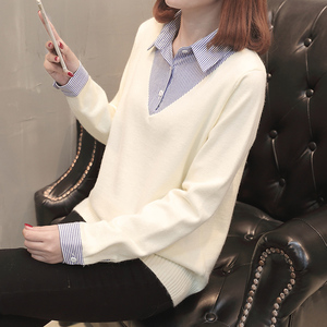 衬衫毛衣假两件套女2018春季新款百搭套头长袖针织打底衫韩版学生