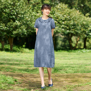 梭家dr2160原创2022年春季短袖亚麻连衣裙拉夫领复古中长裙文艺