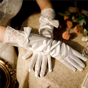 新娘白色蕾丝绸缎手套結婚緞面蝴蝶结婚紗礼服结婚配饰防晒长手套
