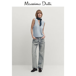 春夏新品MassimoDutti2024女装浪漫花园风清新蓝U型领针织背心无袖T恤上衣05762591403