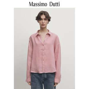 春夏新品MassimoDutti2024女装法式极简通勤风淑女粉色纯亚麻短款翻领衬衫05127682902