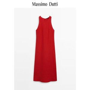 春夏新品MassimoDutti2024女装法式极简气质优雅多巴胺红色无袖吊带连衣裙06696100972