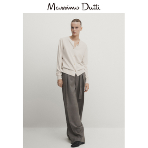 春夏新品MassimoDutti 2024女装小香风米白色排扣羊毛圆领毛衣开襟衫短外套05667549712