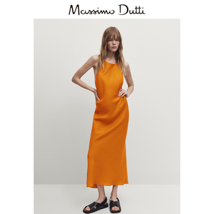 新品特惠 MassimoDutti2024女装多巴胺橙色法式高级感无袖吊带中长连衣裙 06649771615