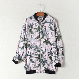法国d 春季新款女装树叶印花图案轻薄透气棒球领雪纺夹克外套