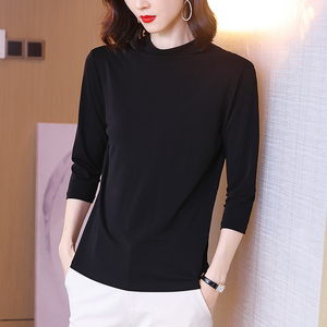 清度强捻真丝针织t恤女夏半高领七分袖显瘦中袖桑蚕丝打底衫上衣