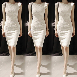 2024夏装新款韩版修身蕾丝包臀无袖中长款显瘦打底白色连衣裙女潮