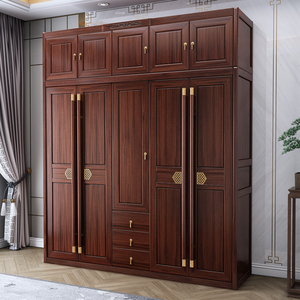 新中式乌金木衣柜全实木原木卧室三四五门带顶柜对开门储物柜衣橱