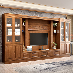 实木电视柜客厅组合整体背景墙中式大户型多功能储物影视地柜高柜