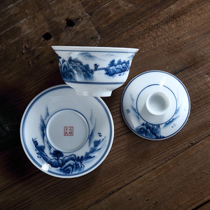 吴氏品雅白瓷手绘山水盖碗家用待客茶杯优质高档潮汕功夫茶具套装