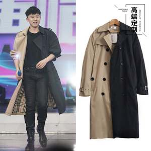 张杰同款外套衣服女风衣秋拼色快乐大本营黑白拼接双色大衣演唱会