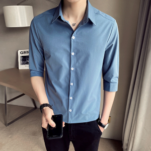 衬衫男夏七分袖纯色