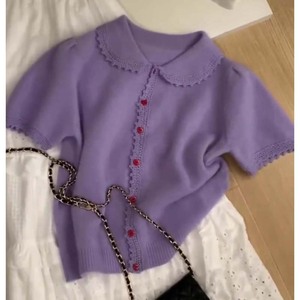 奶紫色娃娃领针织短袖T恤小衫女欧货重工刺绣蕾丝花边泡泡袖上衣