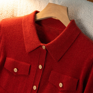 翻领红色100%纯羊绒衫女衬衫百搭开衫外穿毛衣针织外套Polo领上衣